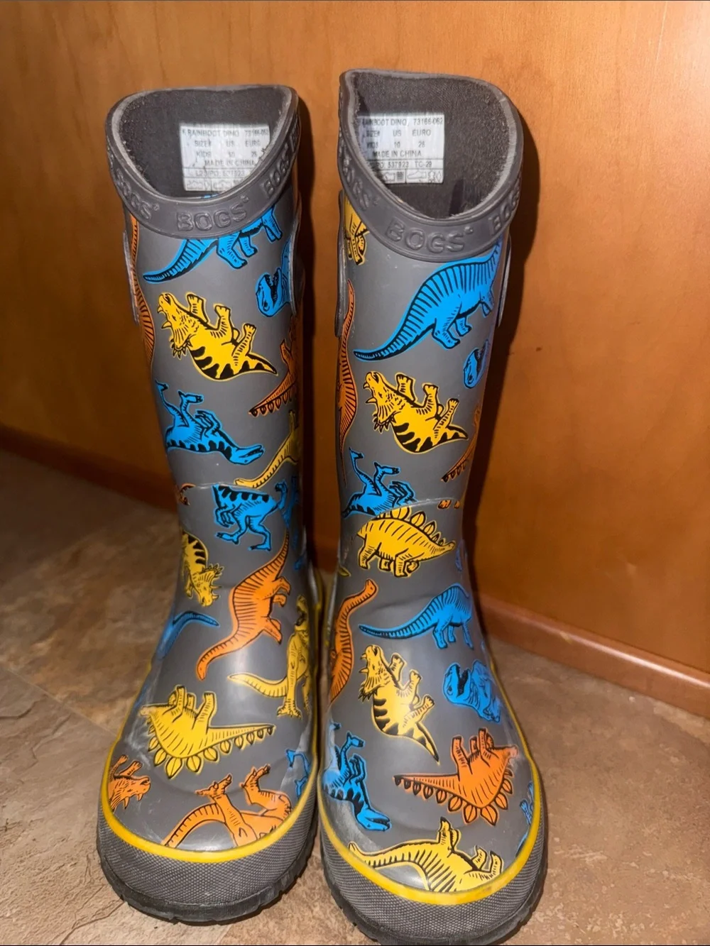 Bogs Kids Gray Rain Boots with Blue, Yellow & Orange Dinosaur Print